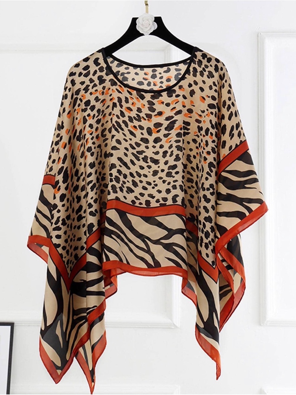 Tie-Back Animal Print Poncho Top in Beige with Rust Trim